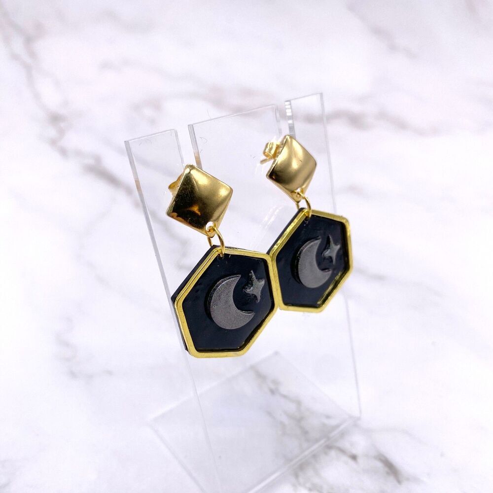 Black Holographic Celestial Crescent Moon Dangle Stud Earrings - Picture 10 of 15